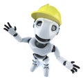 3d Funny cartoon mechanical robot characte wearing a builders hard hat