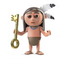 3d Funny cartoon Native American Indian brave holding a gold key of success