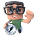 3d Funny cartoon nerd geek character holding a magnetic compass