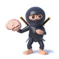 3d Funny cartoon ninja assassin character holding a human brain