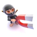 3d Funny cartoon ninja assassin holding a magnet