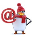 3d Funny cartoon penguin in winter woolens holds email address symbol