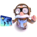 3d Funny cartoon pilot airman character holding a credit card