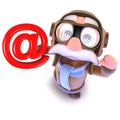 3d Funny cartoon pilot airman character holding an email address symbol