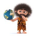3d Funny cartoon primitive stoneage caveman holds a globe of the Earth