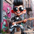 3D funny cartoon of punk musician playing guitar. AI generated Royalty Free Stock Photo