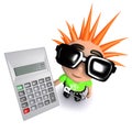 3d Funny cartoon punk youth holding a calculator