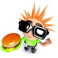 3d Funny cartoon punk youth holding a cheese burger