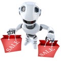 3d Funny cartoon robot character carrying two shopping sale bags