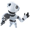 3d Funny cartoon robot character singing into a microphone