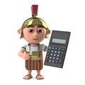 3d Funny cartoon Roman gladiator centurion holding a calculator