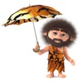 3d Funny cartoon savage caveman holding an animal skin umbrella