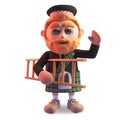 3d funny cartoon Scottish man with red beard and tartan kilt carrying a ladder, 3d illustration