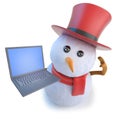 3d Funny cartoon snowman wearing a top hat and holding a laptop computer