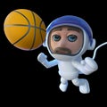 3d Funny cartoon spaceman astronaut character chasing basketball in space