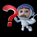 3d Funny cartoon spaceman astronaut character chasing a question mark in space Royalty Free Stock Photo