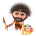 3d Funny cartoon stoneage caveman character painting with a paintbrush and palette Royalty Free Stock Photo