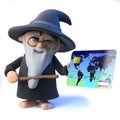 3d Funny cartoon wizard magician character pays with a debit card