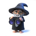 3d Funny cartoon wizard magician character using a pair of binoculars