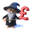 3d Funny cartoon wizard magician character waving his wand at UK Pound symbol