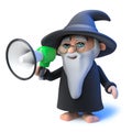 3d Funny cartoon wizard magician speaking through a megaphone loudhailer