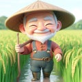 3D funny chinese farmer cartoon in rice fields. AI generated