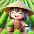 3D funny chinese farmer cartoon in rice fields. AI generated