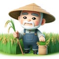 3D funny chinese farmer cartoon in rice fields. AI generated