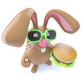 3d Funny chocolate Easter bunny rabbit holding a cheeseburger