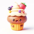 3D funny cupcake, muffin cartoon. AI generated