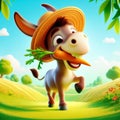 3D funny donkey cartoon eating a carrot. Fun animais for children\'s illustrations. AI generated Royalty Free Stock Photo