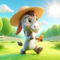 3D funny donkey cartoon eating a carrot. Fun animais for children\'s illustrations. AI generated