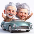 3D funny elderly couple cartoon driving a convertible car. AI generated