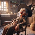 3D funny elderly witch cartoon sleeping in the kitchen. AI generated