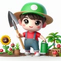 3D funny gardener cartoon. Green space workers. AI generated