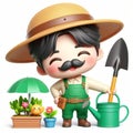 3D funny gardener cartoon. Green space workers. AI generated