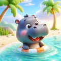 3D funny hippo cartoon. Wild animals for children\'s illustrations. AI generated