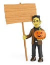 3D Funny monster. Frankenstein with a blank wooden sign and a pu Royalty Free Stock Photo