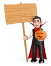 3D Funny monster. Vampire with a blank wooden sign and a pumpkin Royalty Free Stock Photo