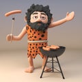 3d funny primitive caveman character cooking on a barbecue bbq, 3d illustration