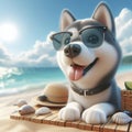 3d Funny Siberian Husky dog in sunglasses on summer sea beach bokeh background. ai generative