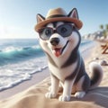 3d Funny Siberian Husky dog in sunglasses on summer sea beach bokeh background. ai generative