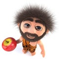 3d Funny stoneage caveman character holding an apple Royalty Free Stock Photo