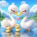 3D funny swan couple in love cartoon. Fun animals for children\'s illustrations Royalty Free Stock Photo