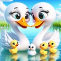 3D funny swan couple in love cartoon. Fun animals for children\'s illustrations Royalty Free Stock Photo