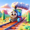 3D funny train locomotive cartoon for illustrations for children. AI generated