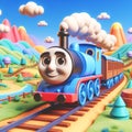 3D funny train locomotive cartoon for illustrations for children. AI generated