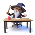 3d Funny wizard magician character sits at a desk waving his magic wand