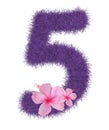 3D Fur Animal Hair Purple color Creative Decorative Number 5 decorate with pink hibiscus flower, isolated in white background. Royalty Free Stock Photo