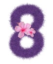 3D Fur Animal Hair Purple color Creative Decorative Number 8 decorate with pink hibiscus flower, isolated in white background. Royalty Free Stock Photo